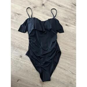 La Blanca Ruffle Bandeau Lace Up Shelf Bra One Piece Swimsuit Black Sz 10